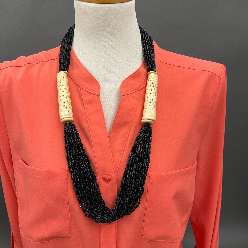 Black Beaded Beads Beige Multi-strands Women's Fashion Necklace NWOT